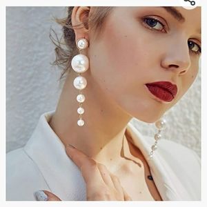 Gold tassel fringe dangle pearl earrings